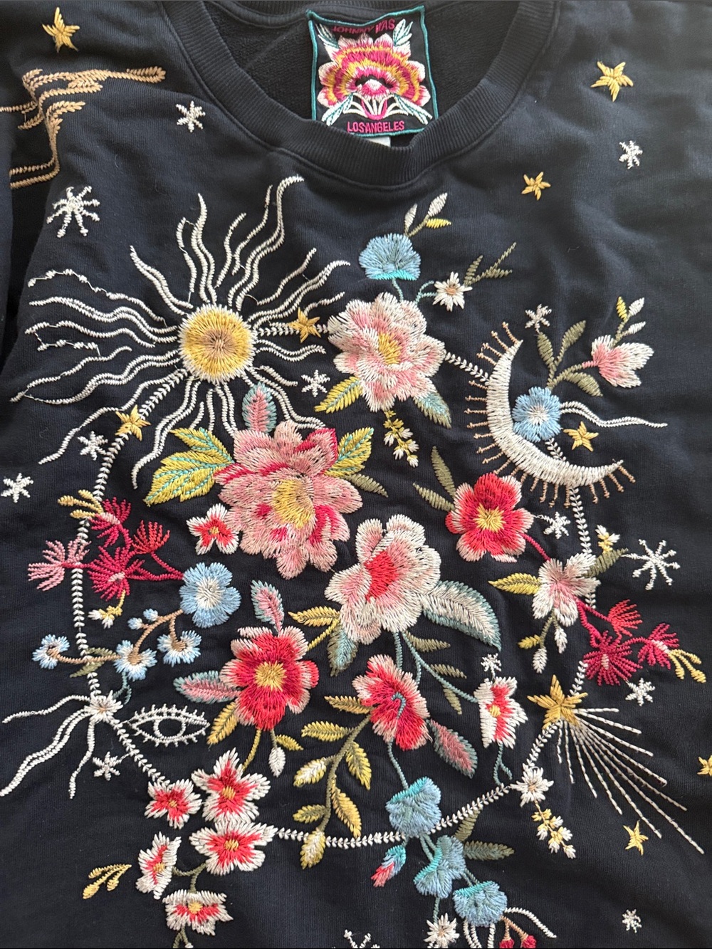 Johnny Was Black Embroidered Floral stars Sweatshirt crewneck - Picture 3 of 4